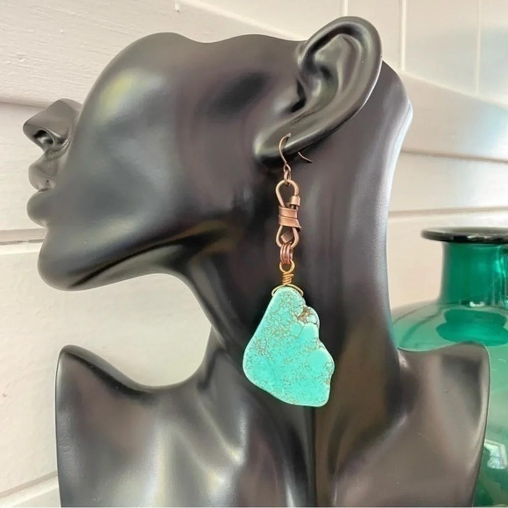 2/$49 Handmade Blue Imperial Jasper Mixed Copper Statement Earrings 4” Gift West